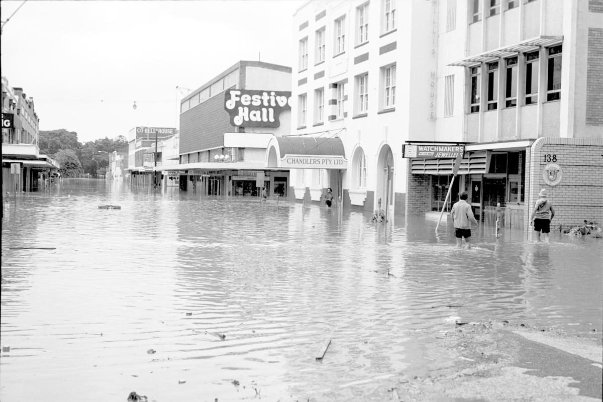 Festival Hall and Albert Street during the Brisbane River flood, 1974