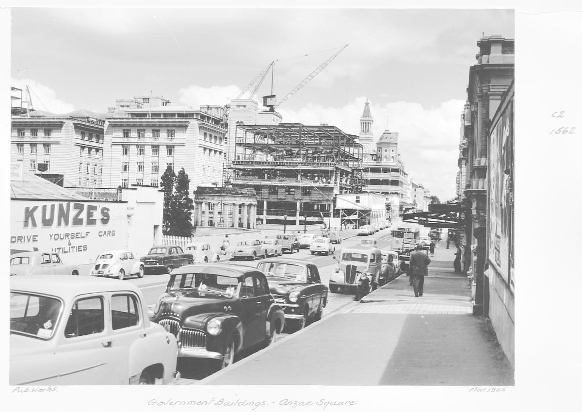 Anzac Square during construction, Brisbane, March 1955, Brisbane City
