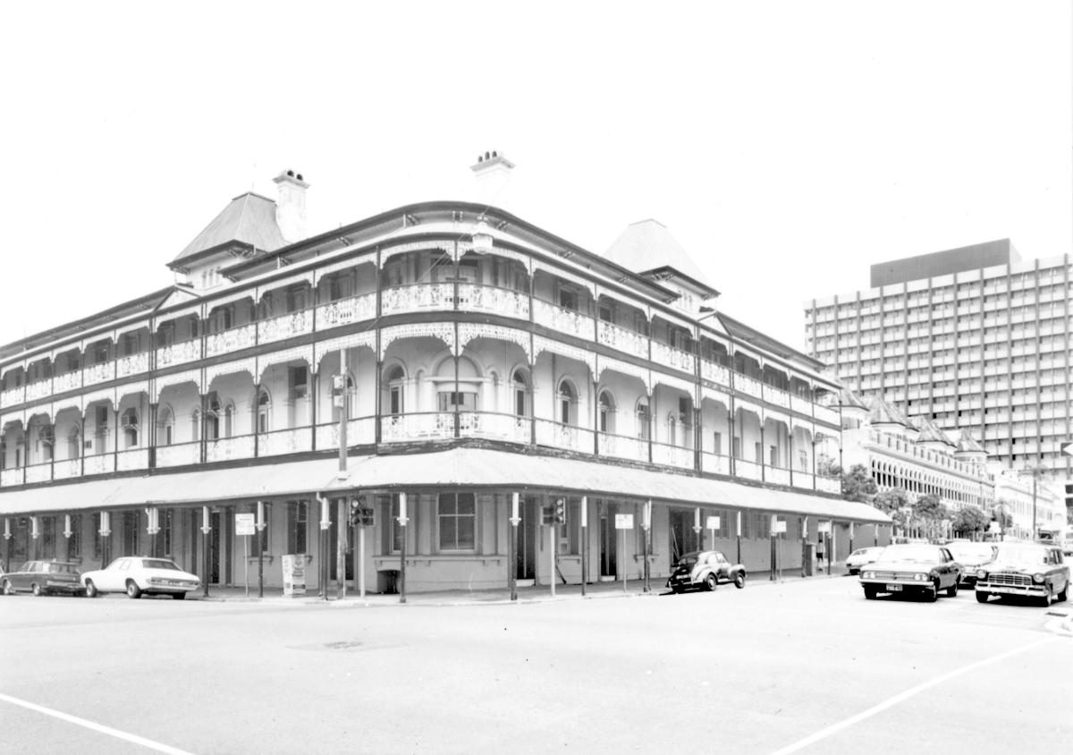 Bellevue Hotel with traffic, from George Street, Brisbane, November 1973, Brisbane City