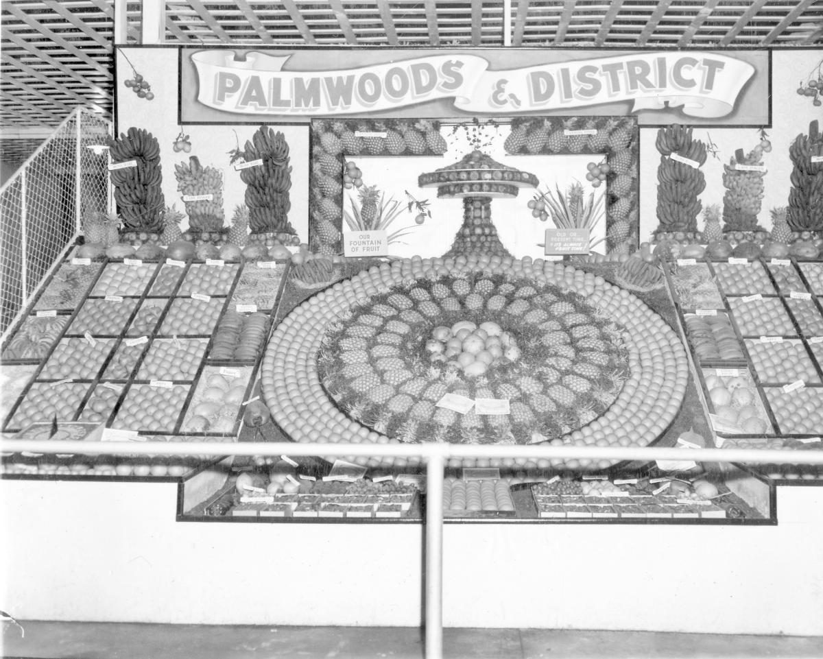 Palmwoods fruit display at the Royal National Show, Brisbane, August 1958, Bowen Hills