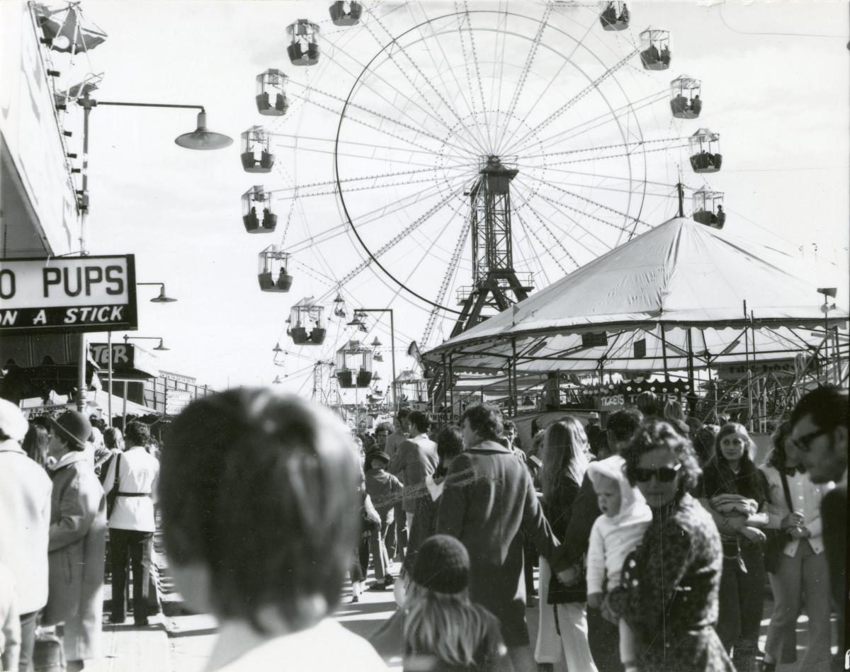 Sideshow area at the Royal National Show, Brisbane, August 1972, Bowen Hills