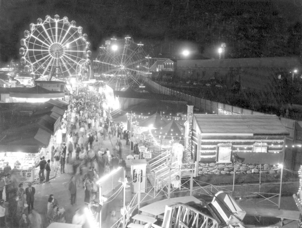 Sideshow area at the Royal National Show, Brisbane, August 1972, Bowen Hills