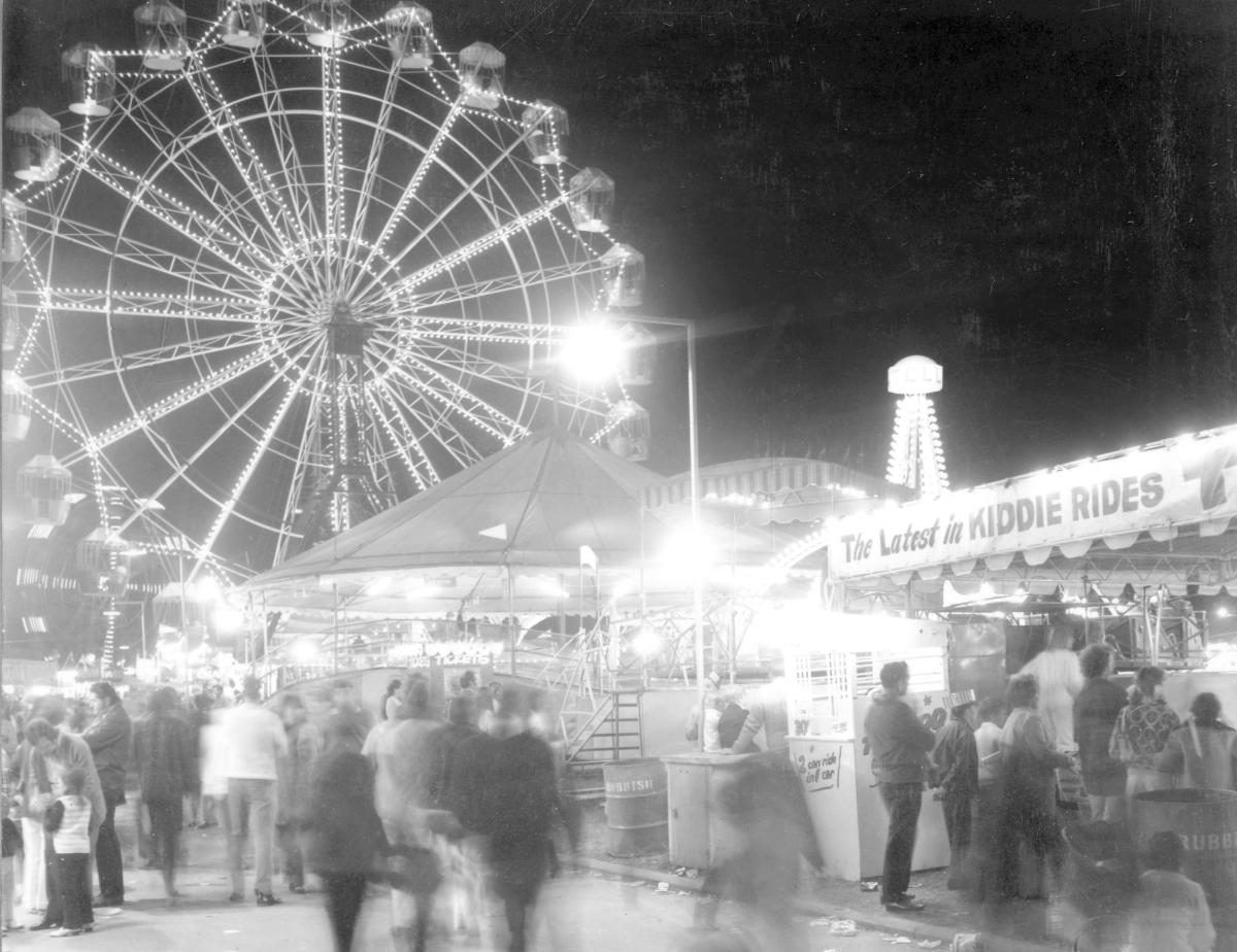 Sideshow area at the Royal National Show, Brisbane, August 1972, Bowen Hills