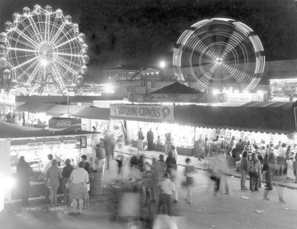 Sideshow area at the Royal National Show, Brisbane, August 1972, Bowen Hills