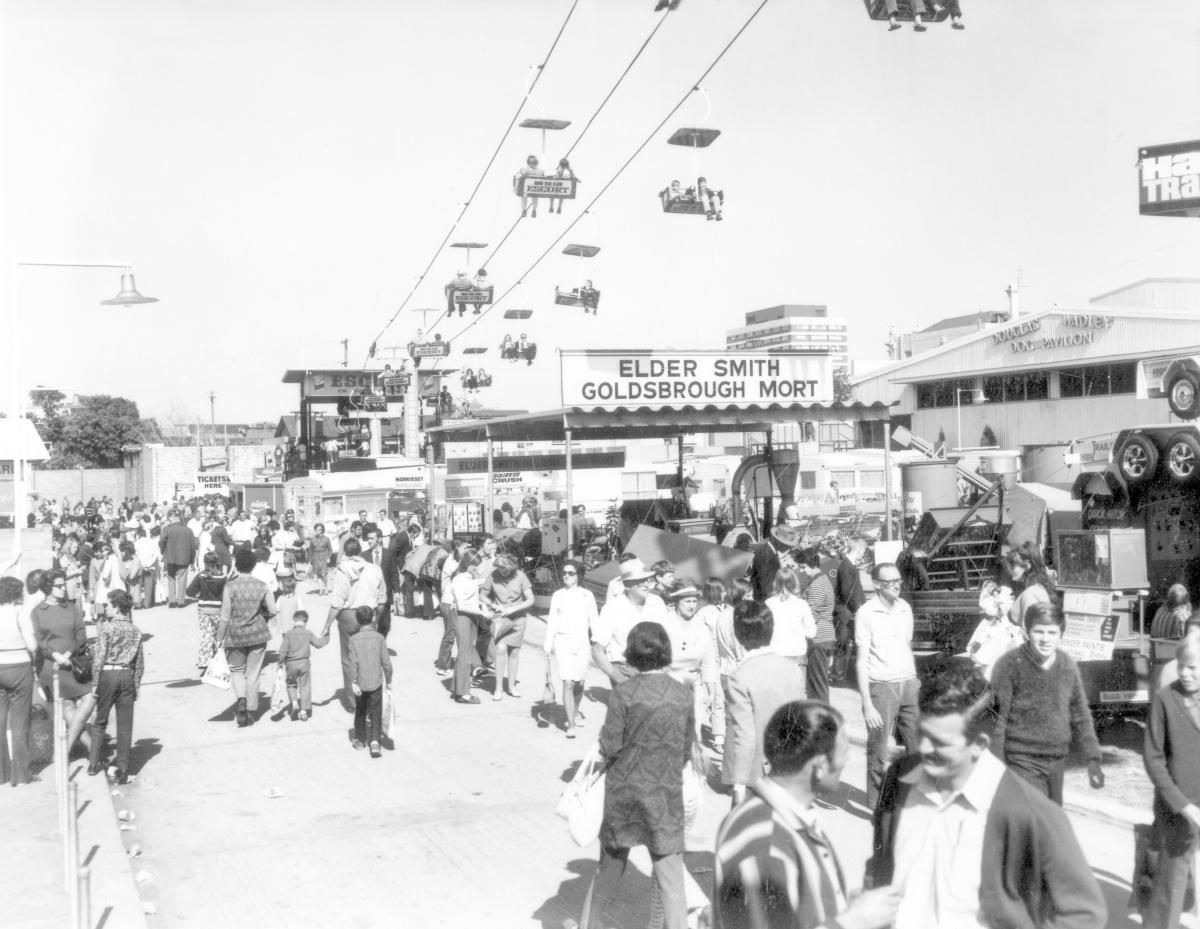 Chair lift at the Royal National Show, Brisbane, August 1972, Bowen Hills