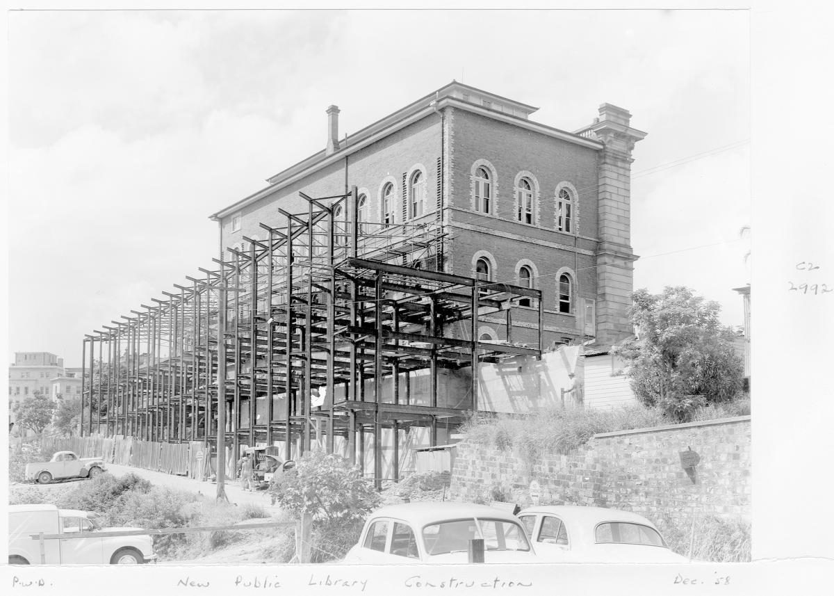 Construction of extensions to the State Library of Queensland on William St - Brisbane, December 1958