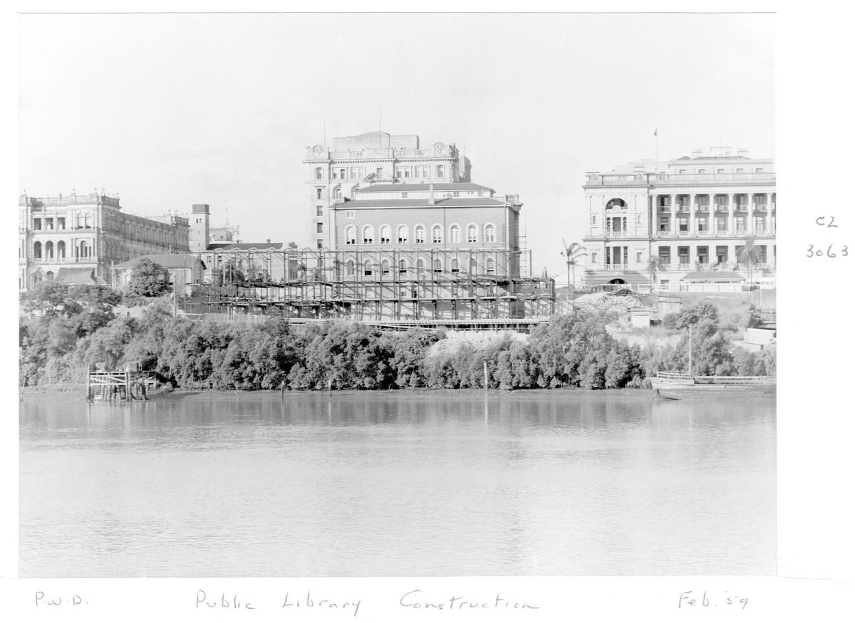 Construction of extensions to the State Library of Queensland on William St - Brisbane, February 1959, Brisbane City