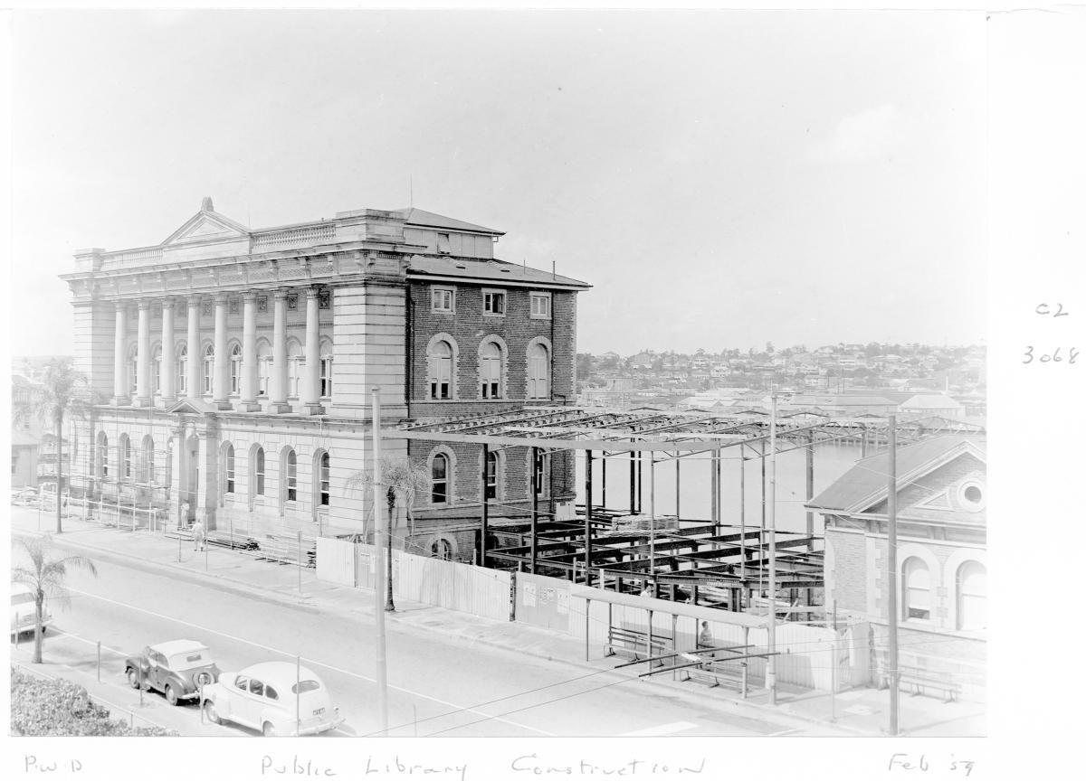 Construction of extensions to the State Library of Queensland on William St - Brisbane, February 1959, Brisbane City