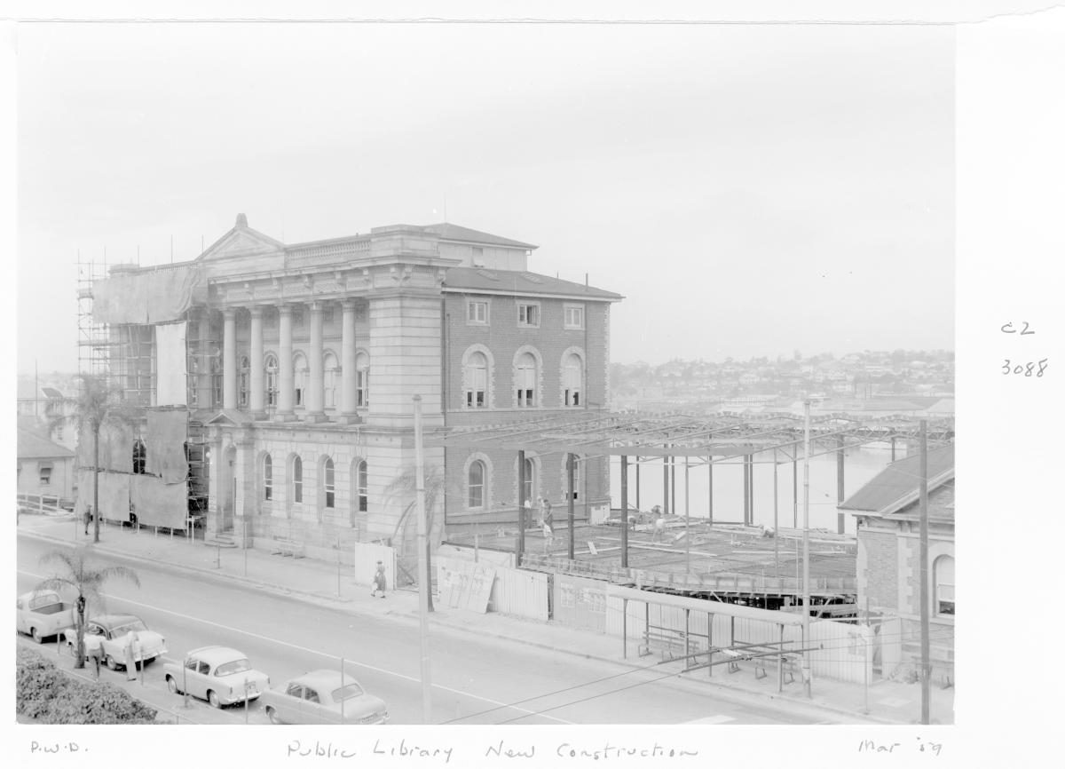Construction of extensions to the State Library of Queensland on William St - Brisbane, March 1959