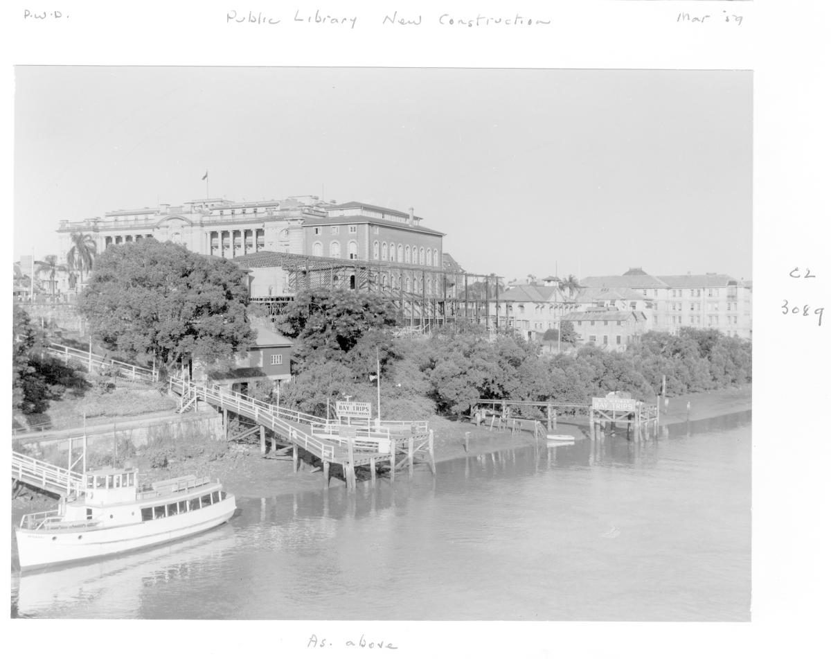 Construction of extensions to the State Library of Queensland on William St - Brisbane, March 1959, Brisbane City