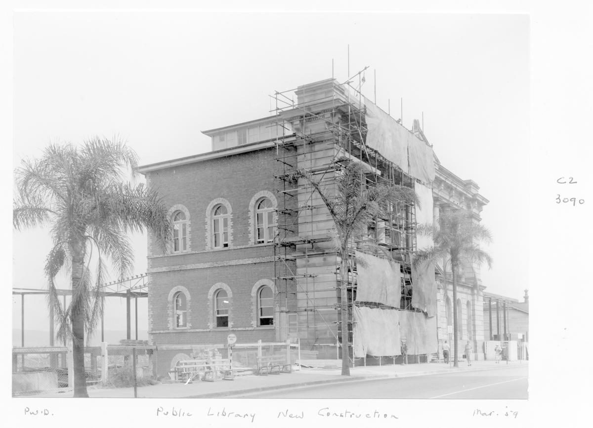 Construction of extensions to the State Library of Queensland on William St - Brisbane, March 1959, Brisbane City