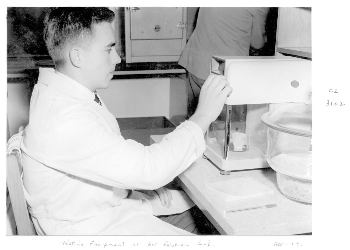 Testing equipment at the air pollution testing laboratory at University of Queensland, George Street, Brisbane, April 1959, Brisbane City