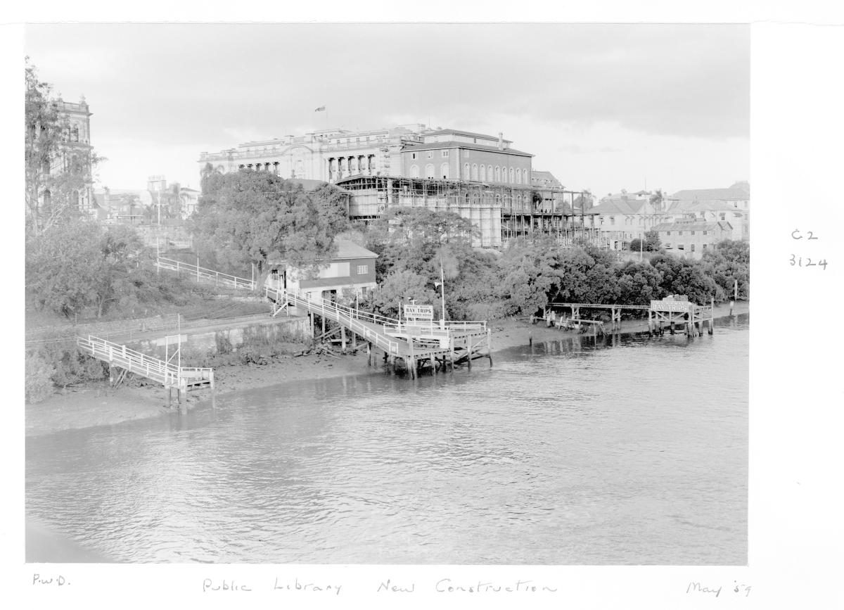 Construction of extensions to the State Library of Queensland on William St - Brisbane, May 1959, Brisbane City