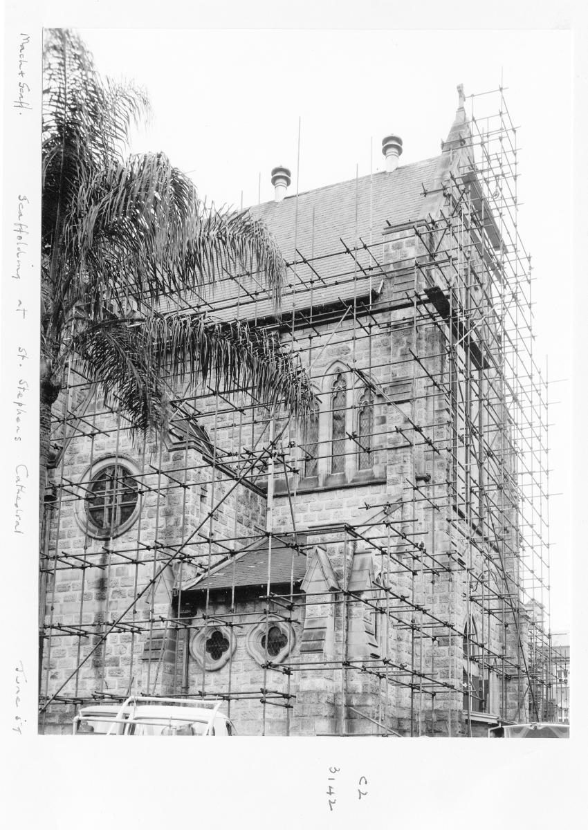Scaffolding at St Stephens Cathedral, Brisbane, June 1959, Brisbane City