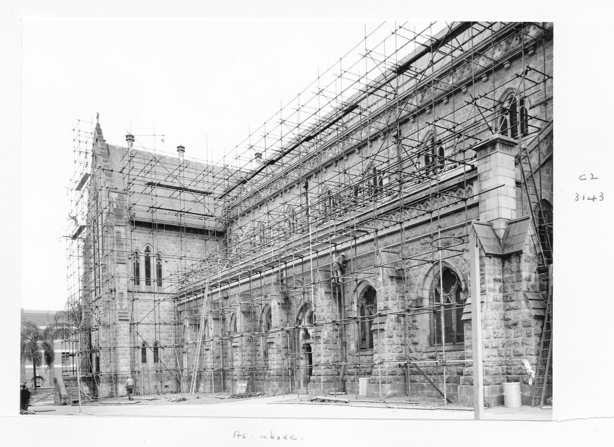 Scaffolding at St Stephens Cathedral, Brisbane, June 1959, Brisbane City