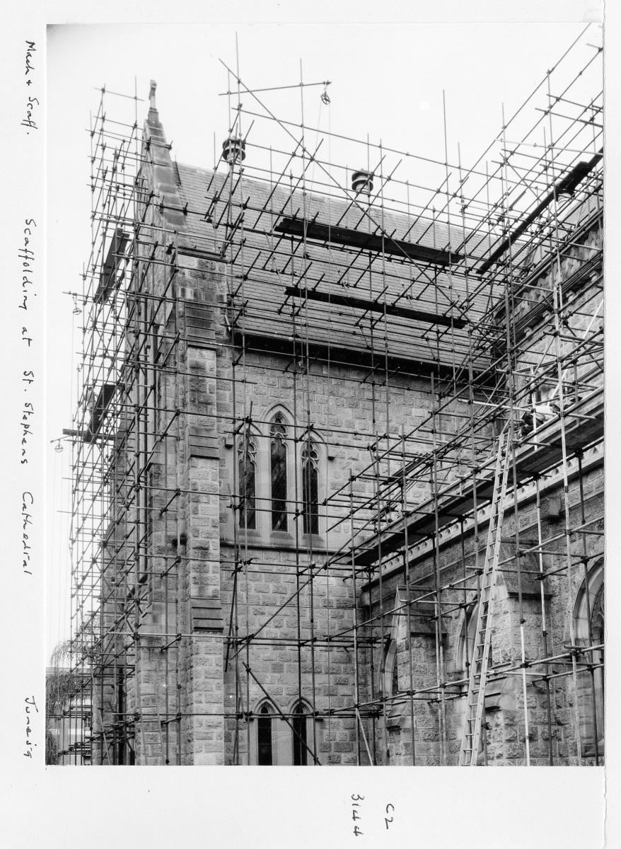 Scaffolding at St Stephens Cathedral, Brisbane, June 1959, Brisbane City