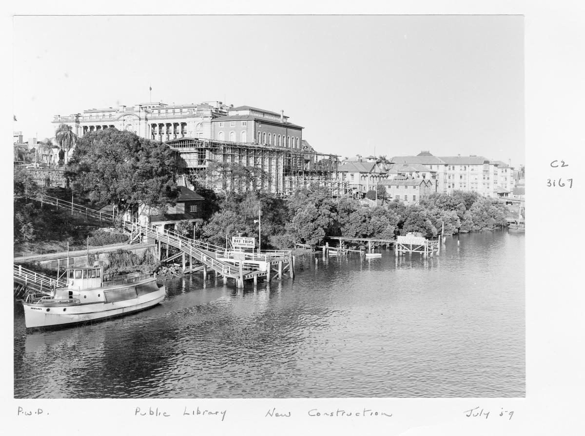 Construction of extensions to the Public Library of Queensland on William St - Brisbane, July 1959, Brisbane City