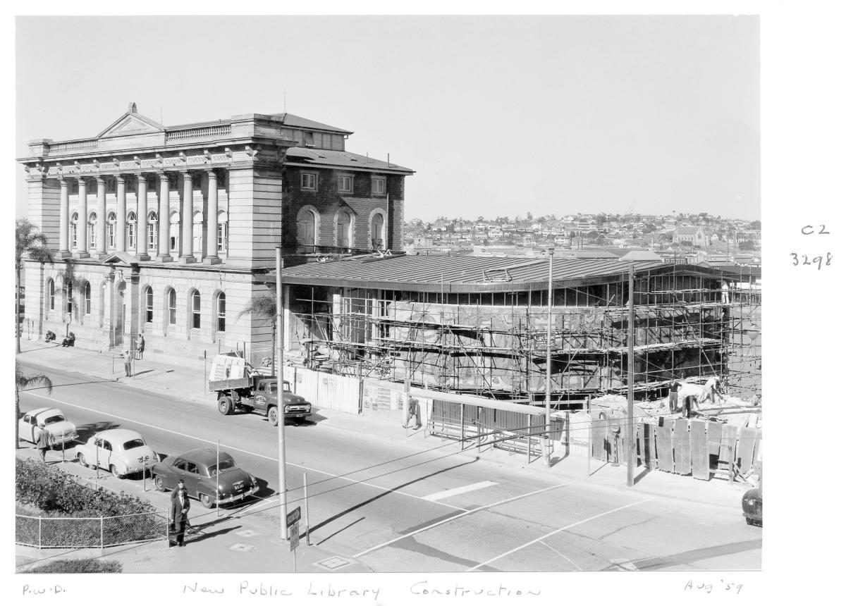 Construction of Centennial Hall, an extension to the State Library of Queensland on William St - Brisbane, August 1959, Brisbane City