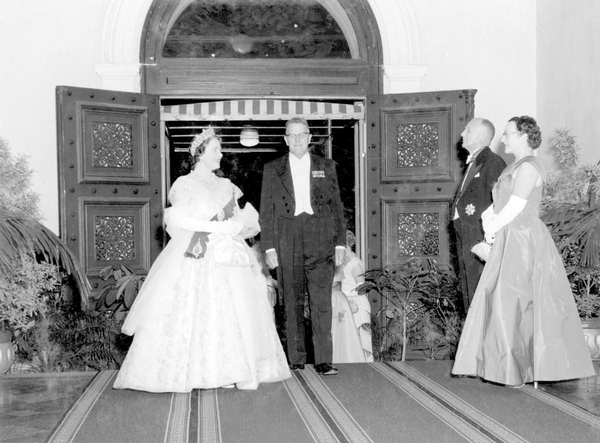 Her Majesty Queen Elizabeth The Queen Mother and Premier Nicklin at state reception, Brisbane, February 1958