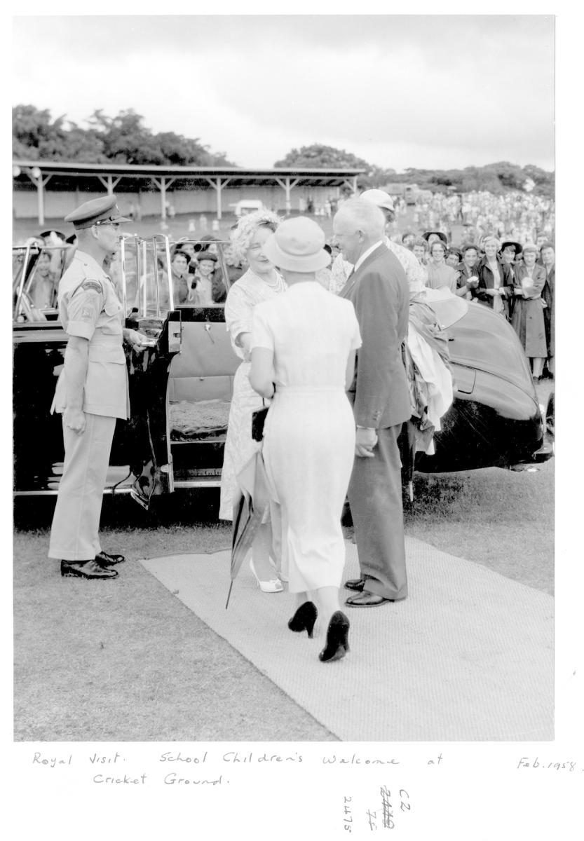 School children's welcome for Her Majesty Queen Elizabeth The Queen Mother, Brisbane Cricket Ground, February 1958, Woolloongabba