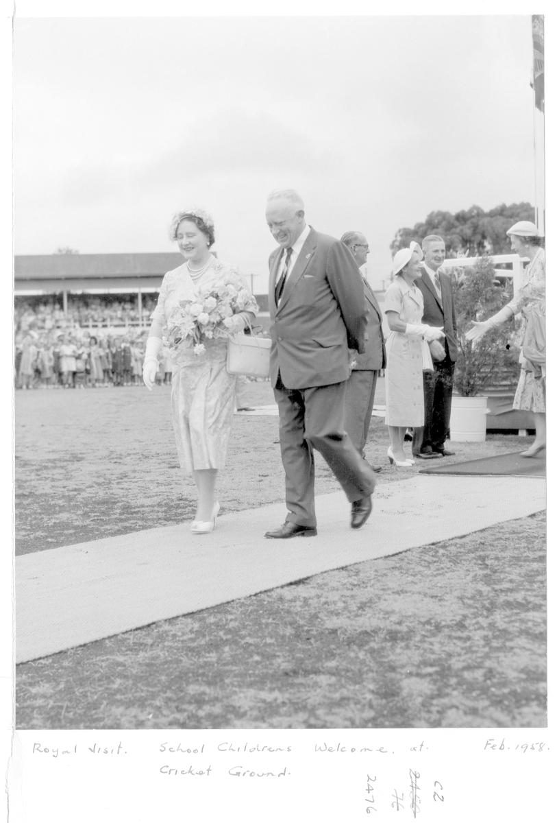 School children's welcome for Her Majesty Queen Elizabeth The Queen Mother, Brisbane Cricket Ground, February 1958, Woolloongabba