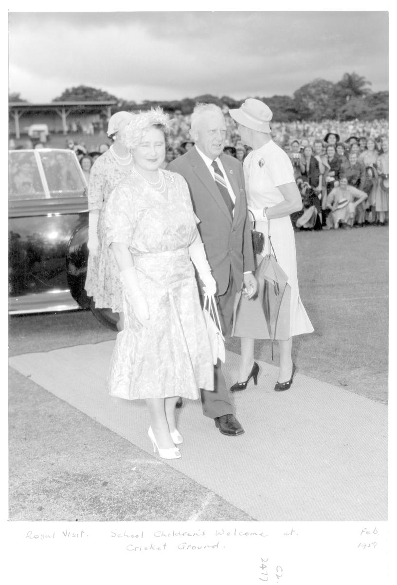 School children's welcome for Her Majesty Queen Elizabeth The Queen Mother, Brisbane Cricket Ground, February 1958, Woolloongabba