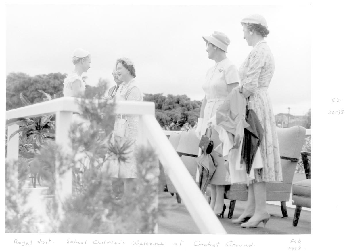 School children's welcome for Her Majesty Queen Elizabeth The Queen Mother, Brisbane Cricket Ground, February 1958, Woolloongabba