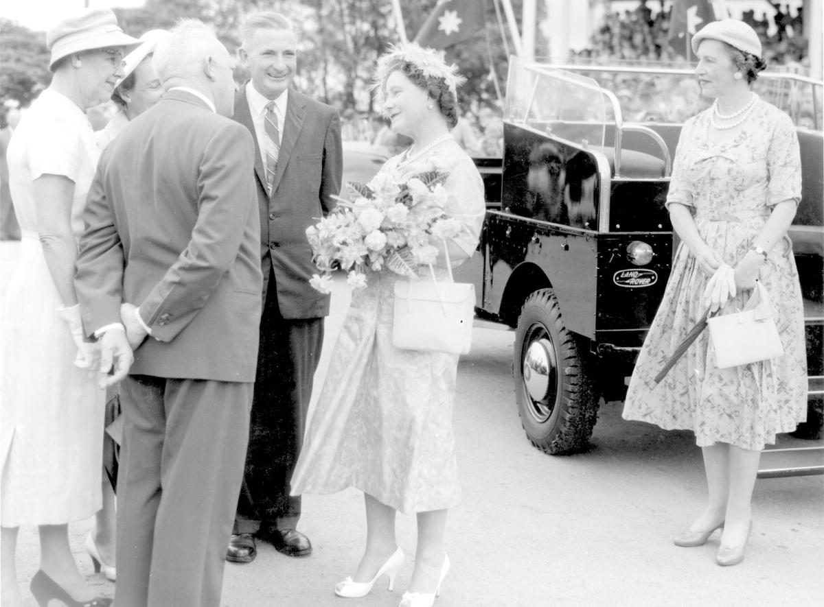 School children's welcome for Her Majesty Queen Elizabeth The Queen Mother, Brisbane Cricket Ground, February 1958