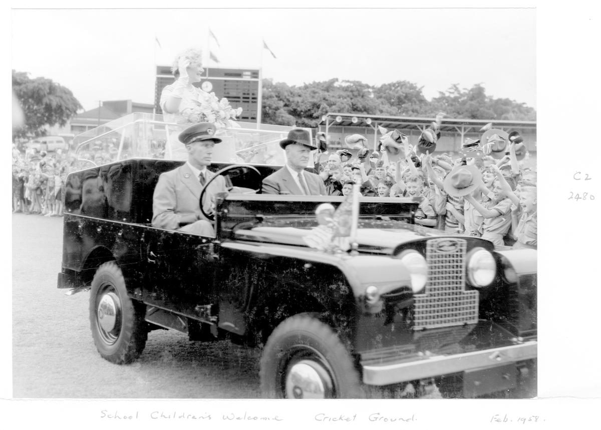 School children's welcome for Her Majesty Queen Elizabeth The Queen Mother, Brisbane Cricket Ground, February 1958