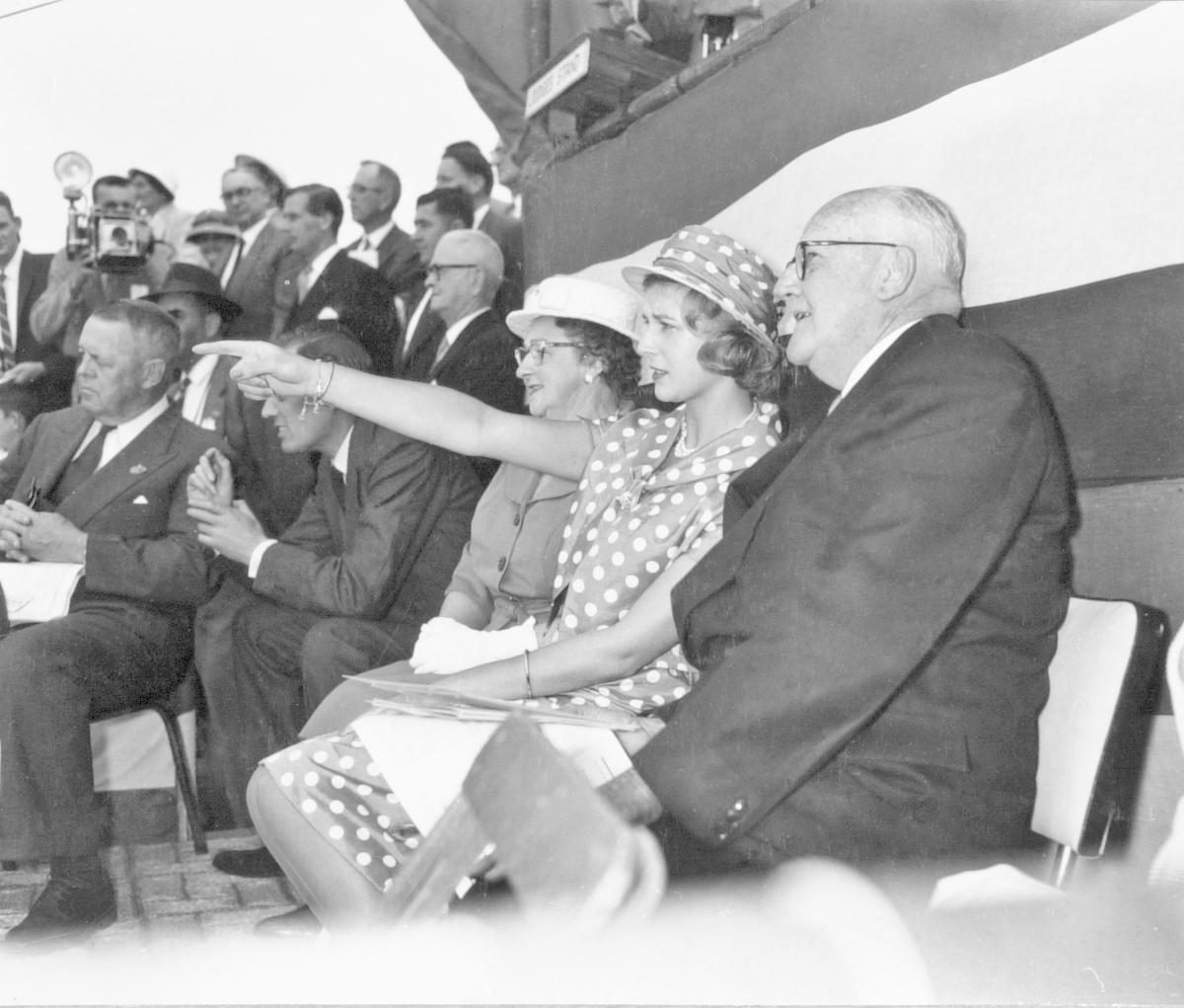 Princess Alexandra watching wood chop events at the Royal National Show, Brisbane, 21 August 1959, Bowen Hills