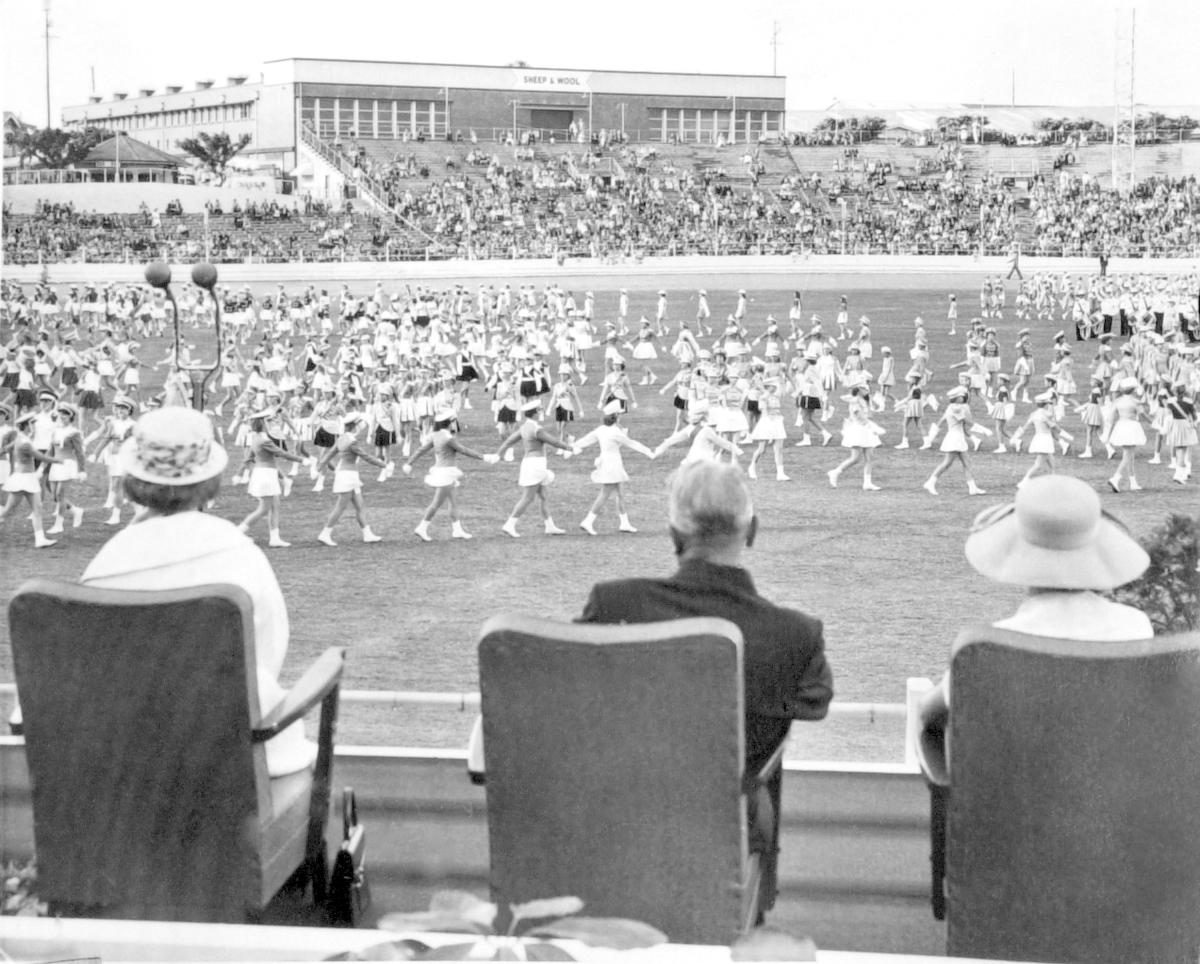 Princess Alexandra watching a youth rally at the exhibition grounds, Brisbane, 6 September 1959, Bowen Hills