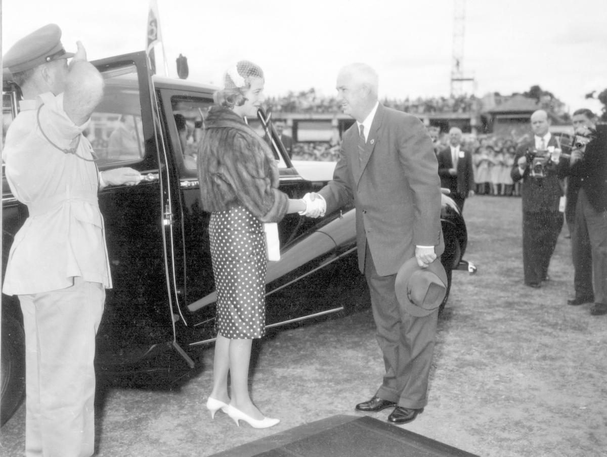 HRH Princess Alexandra and Hon Jack Pizzey at the school children's welcome, Exhibition Grounds, Brisbane, 8 September 1959, Bowen Hills