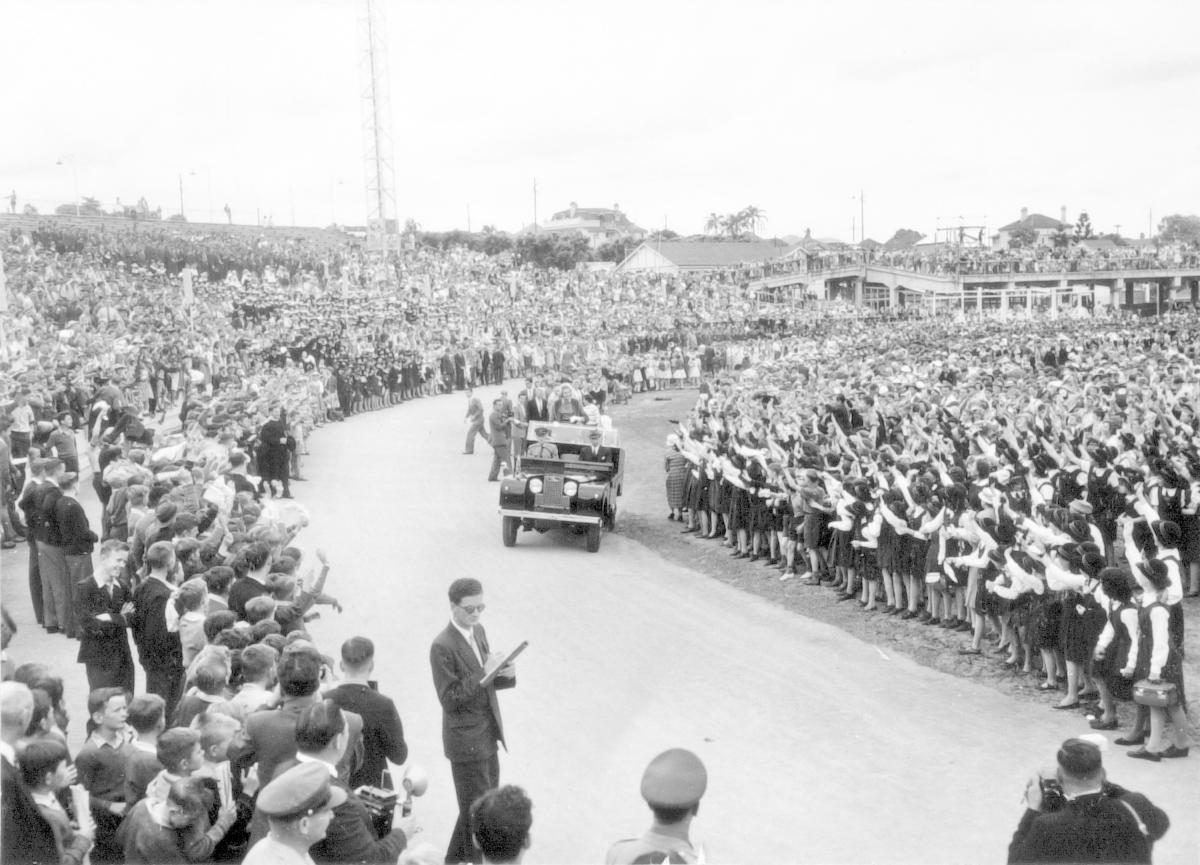 HRH Princess Alexandra at the school children's welcome, Exhibition Grounds, Brisbane, 8 September 1959, Bowen Hills
