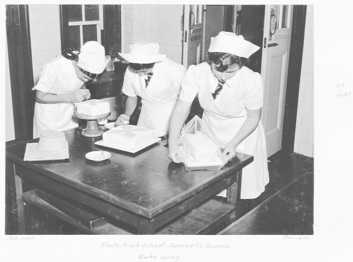 State High School, Domestic Science, Cake Icing - Brisbane, March 1955