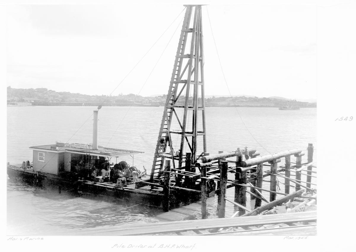 Pile driver at BHP Wharf, Brisbane River -&nbsp; March 1955