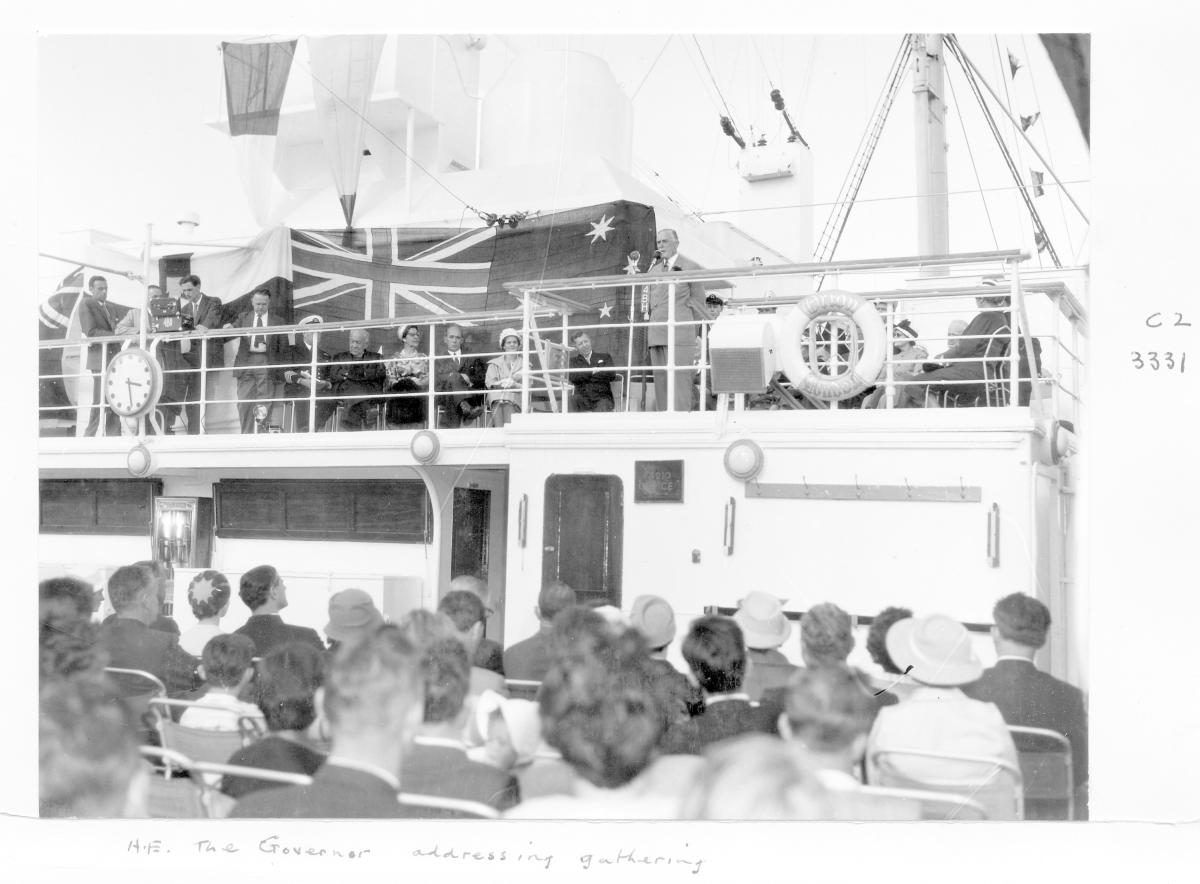 1959 Centenary celebrations - Migrant ship "Orion", His Excellency the Governor, Sir Henry Abel Smith, addressing the gathering - Brisbane, August 1959