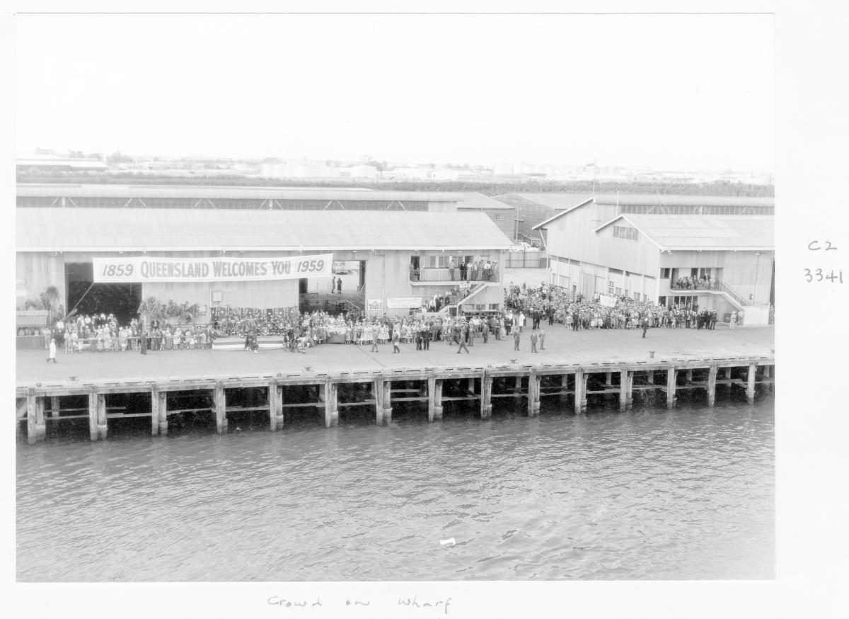 1959 Centenary celebrations - Crowd on wharf waiting for migrant ship "Orion" - Brisbane, August 1959