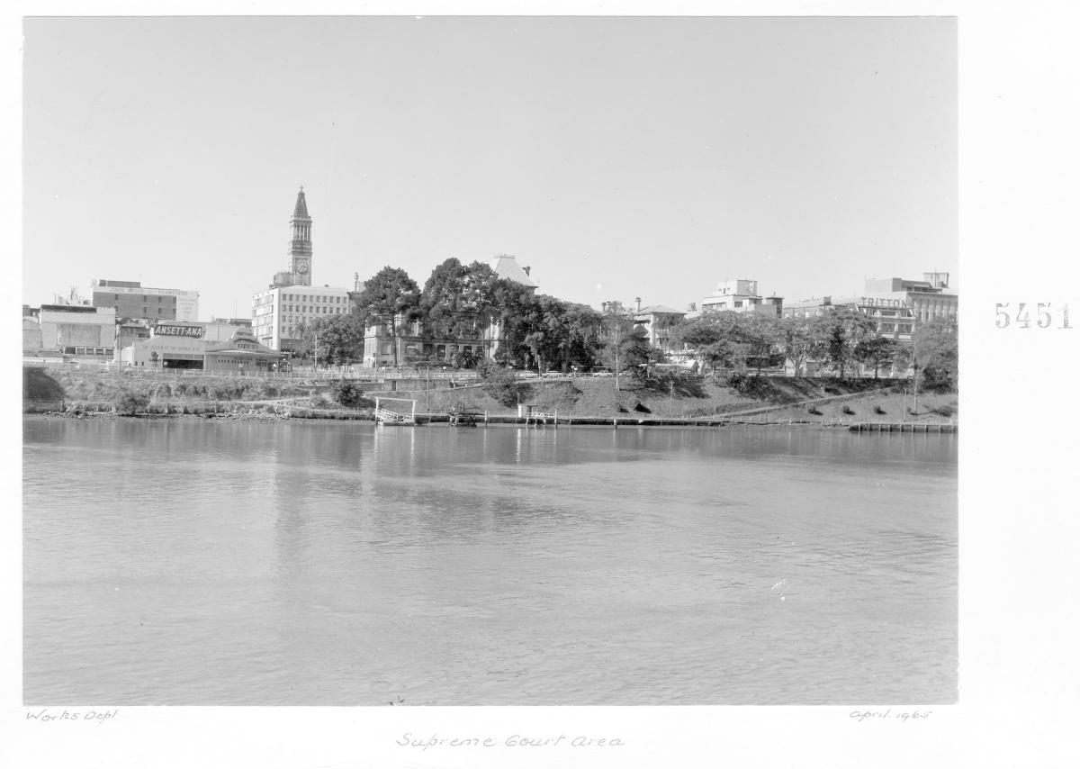 Supreme Court area, viewed from South Brisbane, Brisbane, April 1965