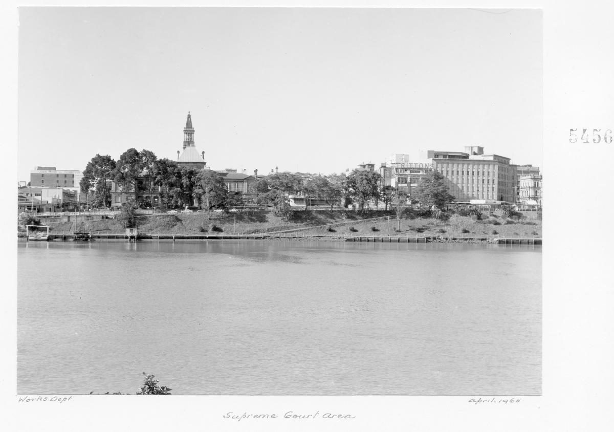Supreme Court area, viewed from South Brisbane, Brisbane, April 1965