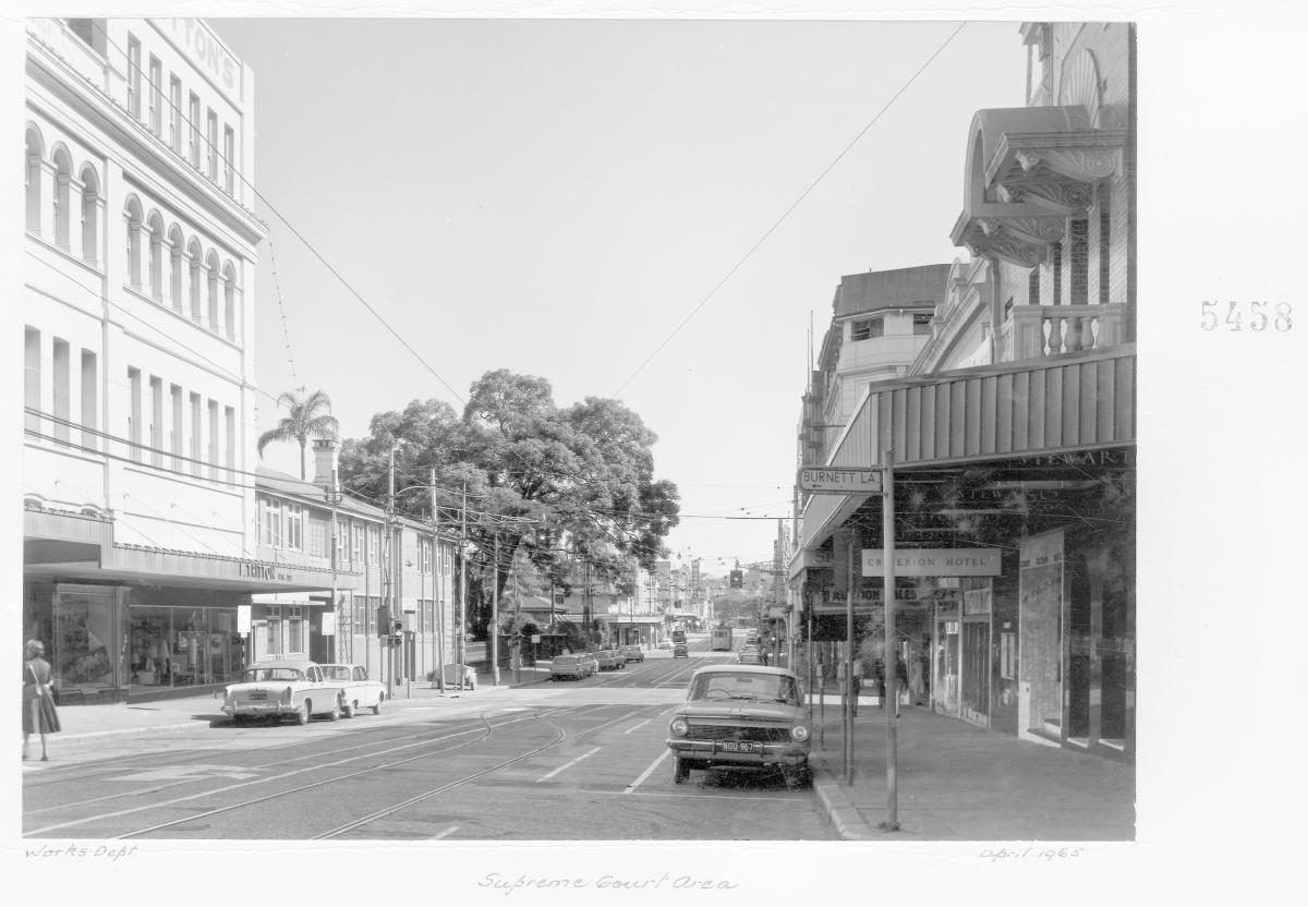 Supreme Court area, Adelaide Street, Brisbane, April 1965, Brisbane City