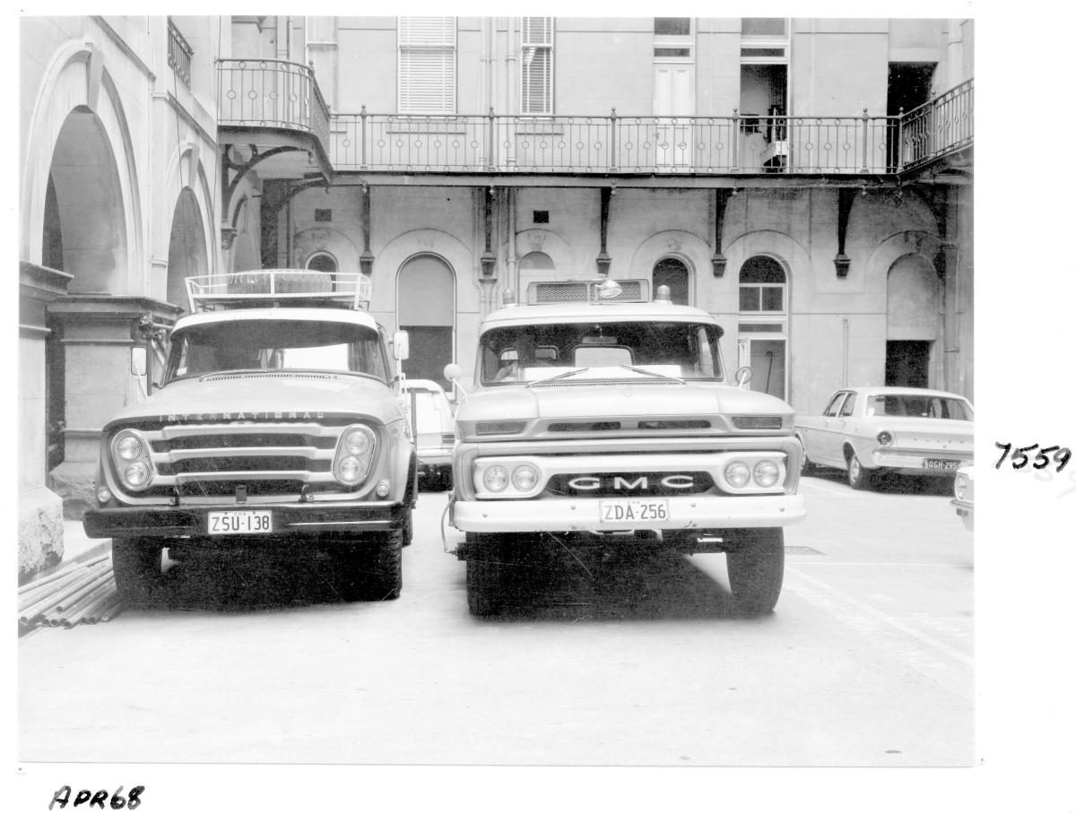 Trucks at the Law Courts building, Brisbane, April 1968, Brisbane City