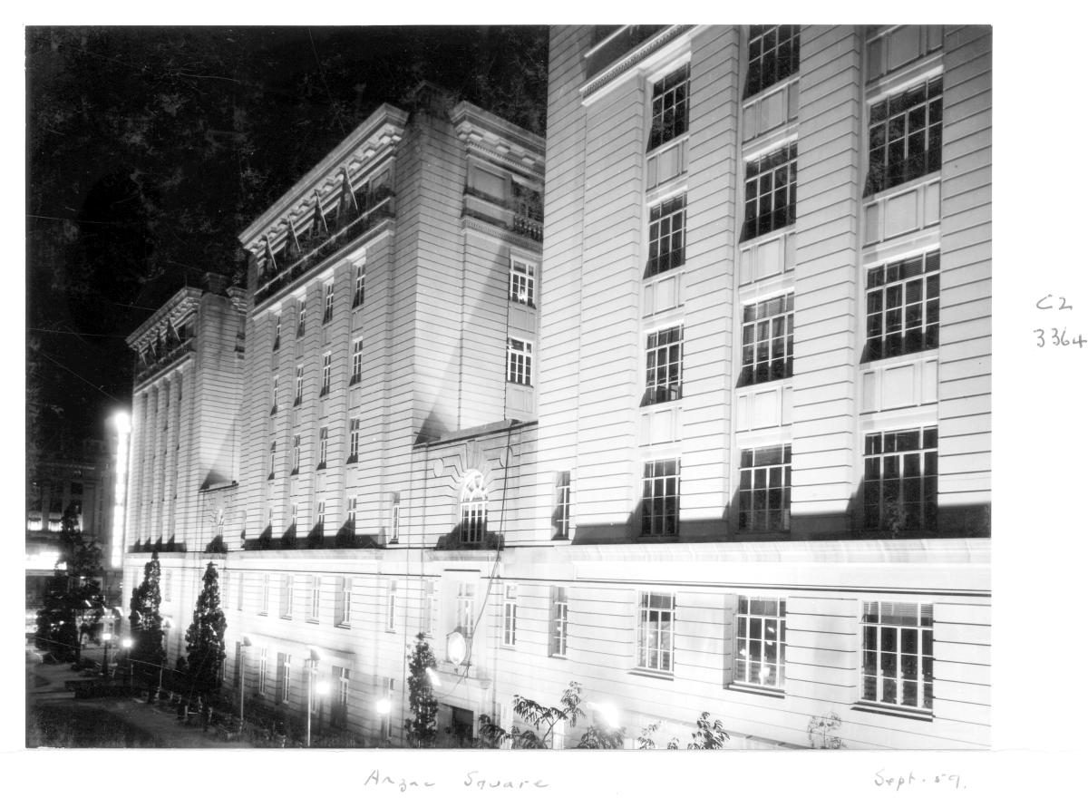 Anzac Square building by night - Brisbane, September 1959, Brisbane City