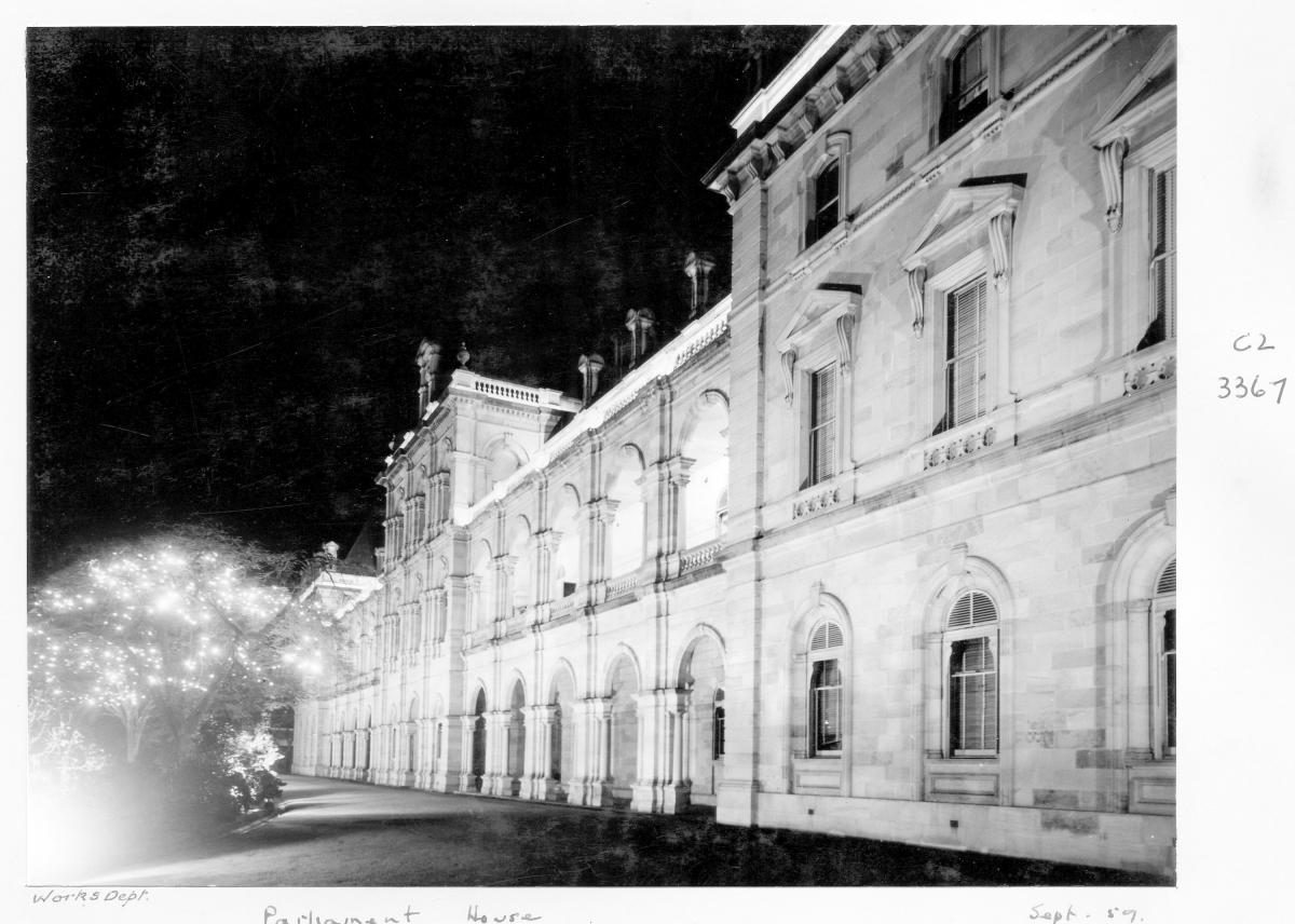 Parliament House by night - Brisbane, September 1959, Brisbane City