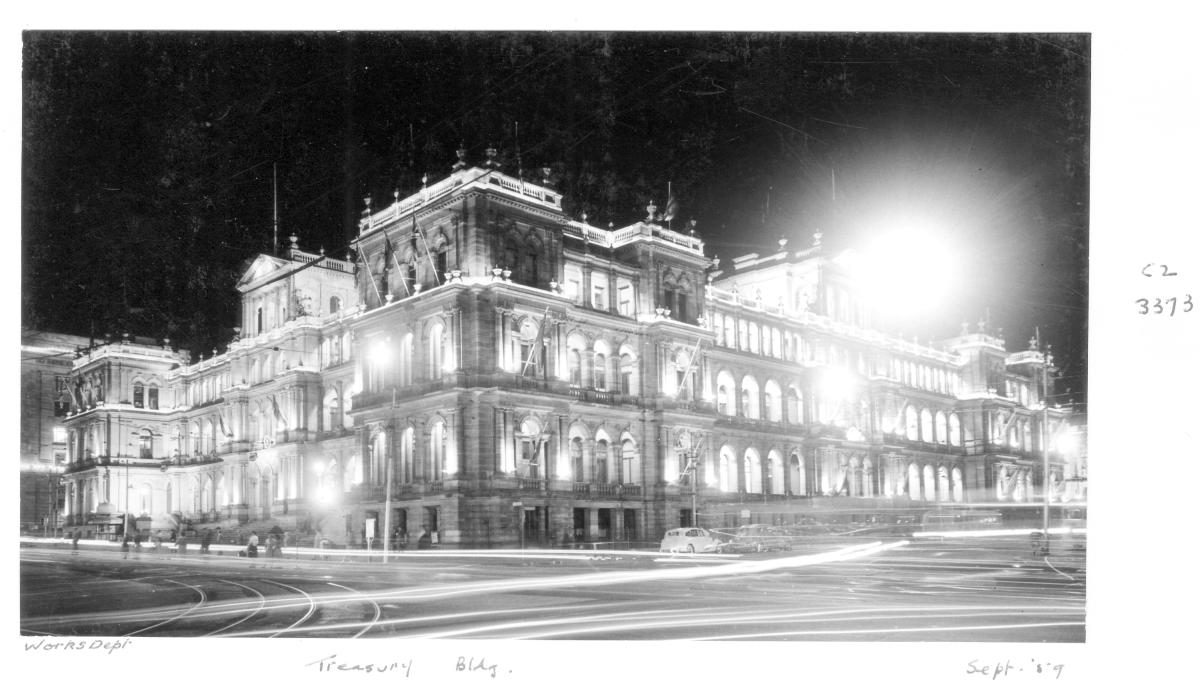 Treasury Building by night - Brisbane, September 1959, Brisbane City