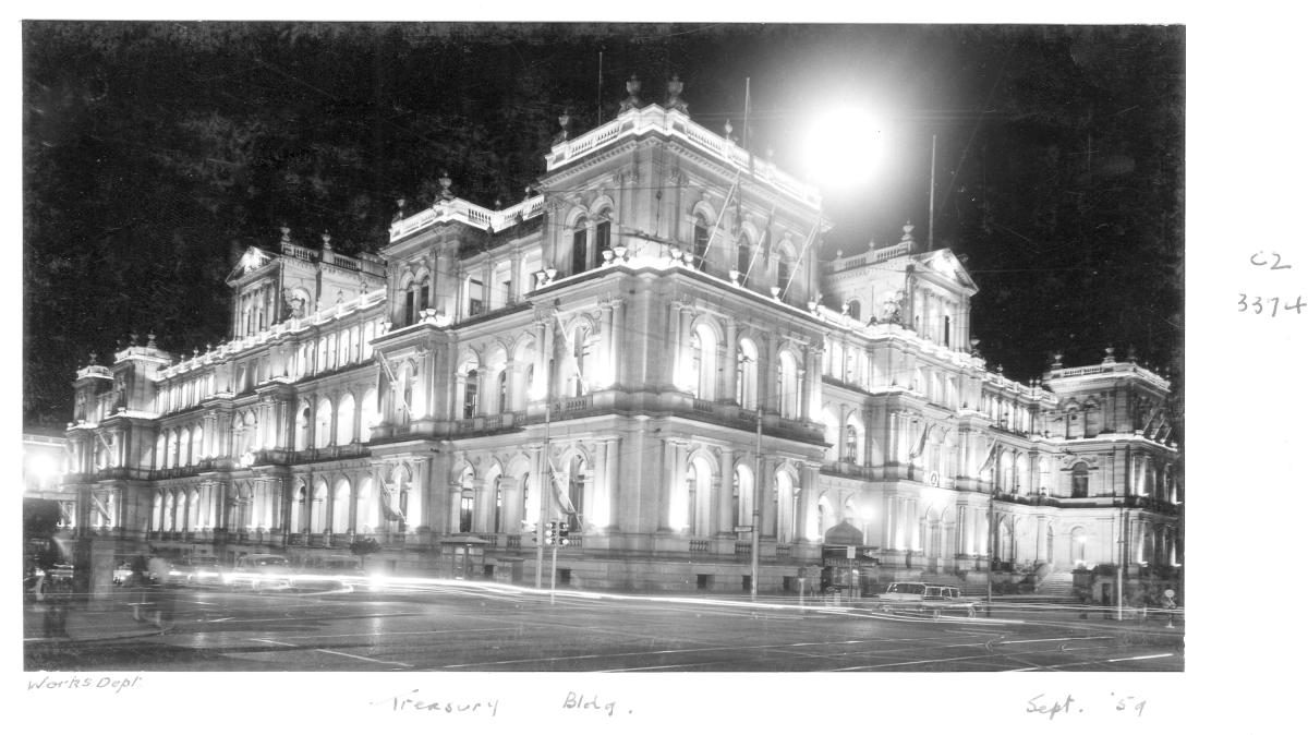 Treasury Building by night - Brisbane, September 1959, Brisbane City