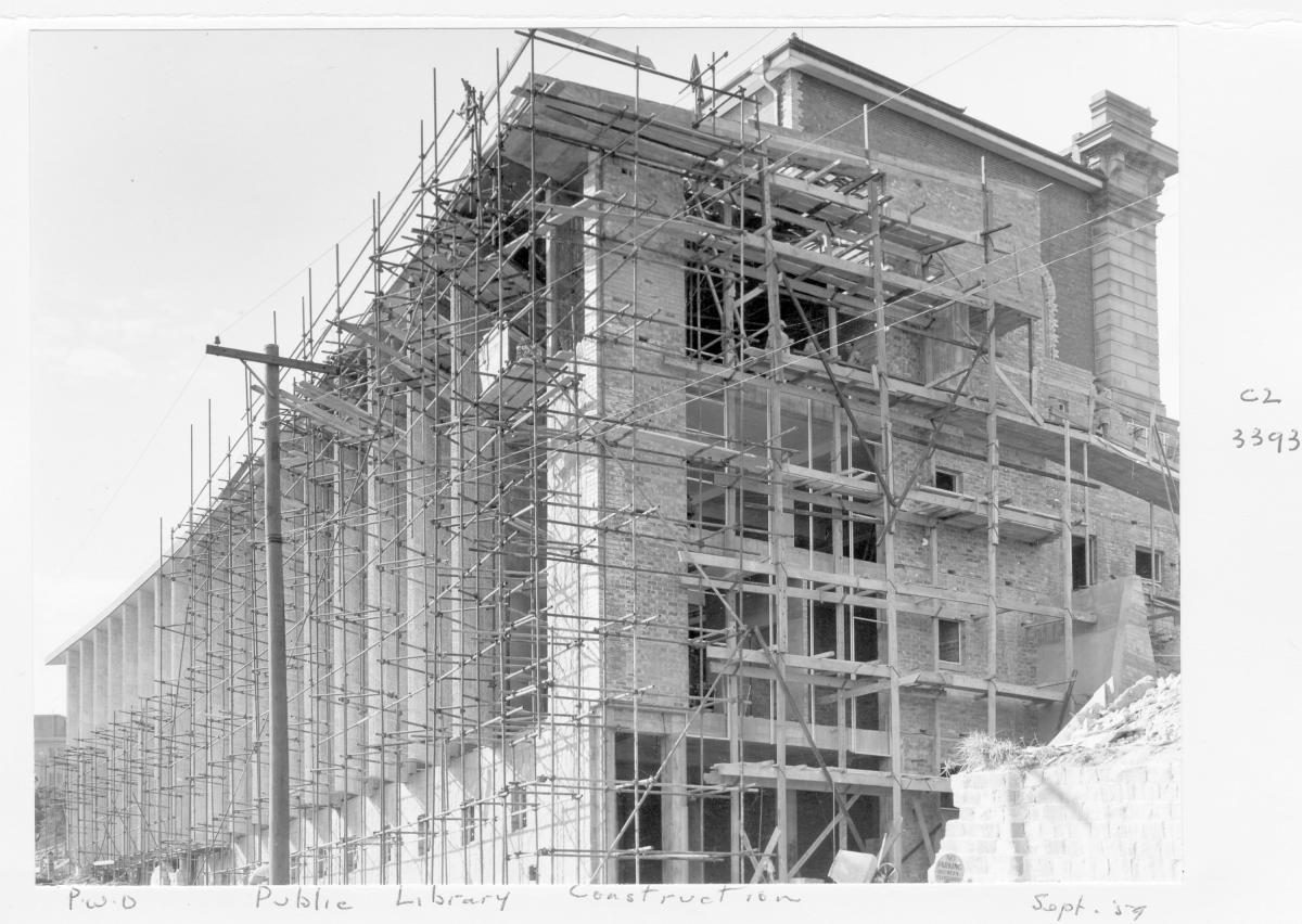 Construction of extensions to the State Library of Queensland on William St - Brisbane, September 1959, Brisbane City