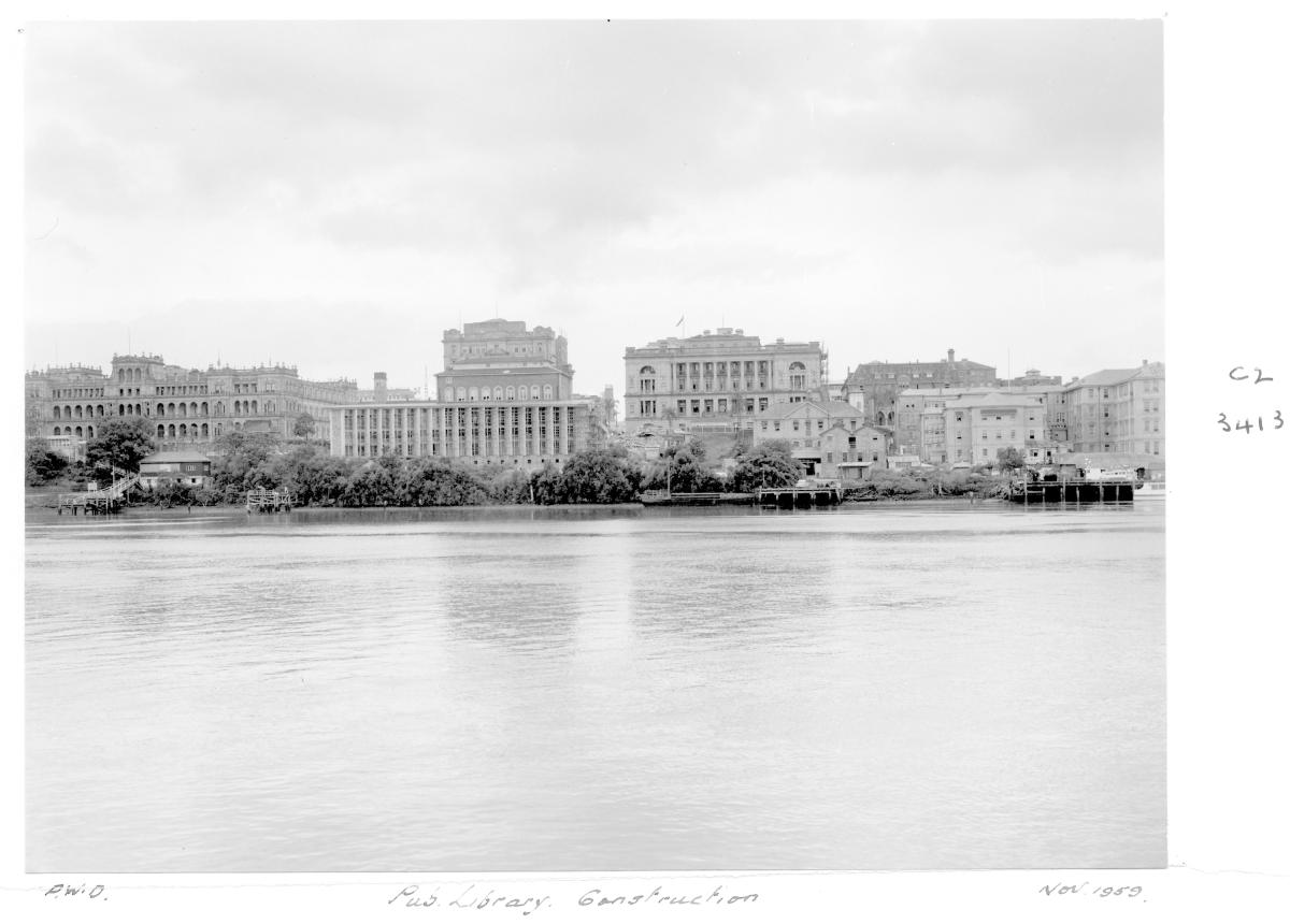 Construction of extensions to the State Library of Queensland on William St - Brisbane, November 1959, Brisbane City