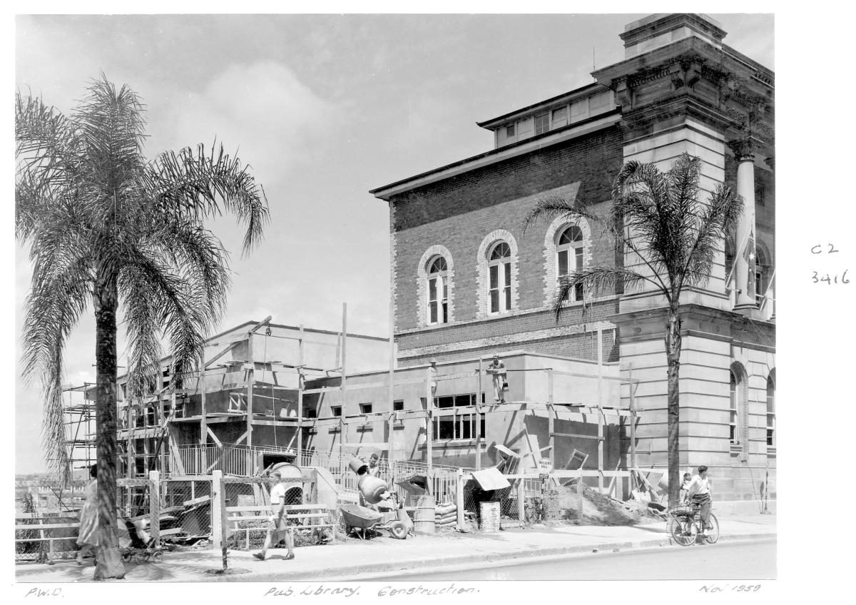 Construction of extensions to the State Library of Queensland on William St - Brisbane, October 1959, Brisbane City