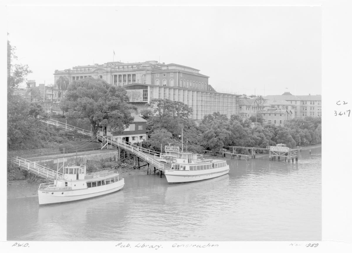 Construction of extensions to the State Library of Queensland on William St - Brisbane, November 1959, Brisbane City