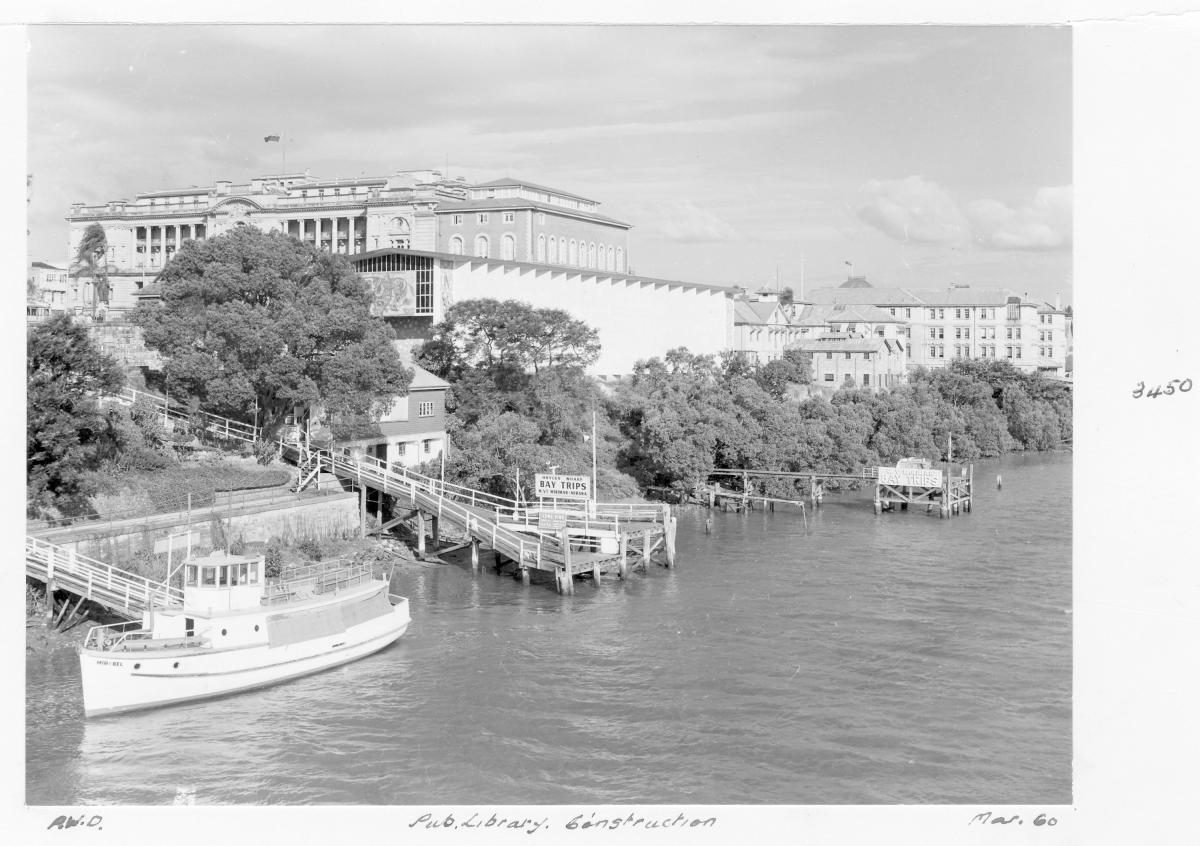 Construction of extensions to the State Library of Queensland on William St - Brisbane, March 1960, Brisbane City
